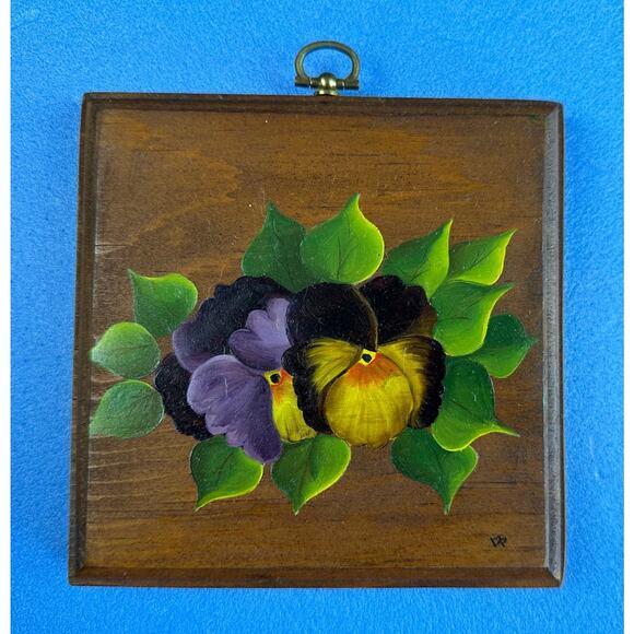 Hand Painted Flowers Pansies on Wood Plaque Ready to Hang Purple Yellow - Picture 2 of 7